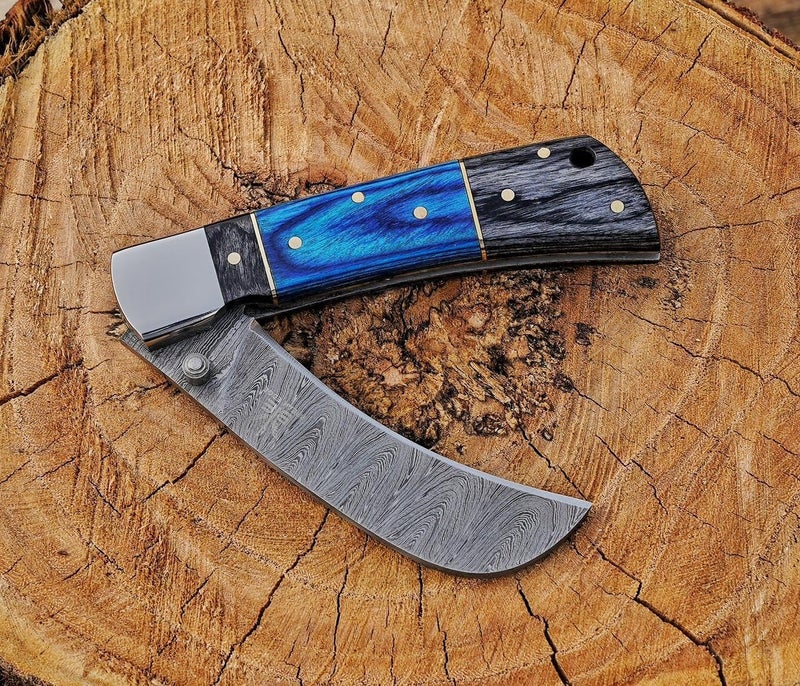 BE BREAK EDGE Hawkbill Knife,Folding Pocket Knife with Curved Blade, Lineman Tools, Damascus Steel construction. (Blue&Grey) - Image 4